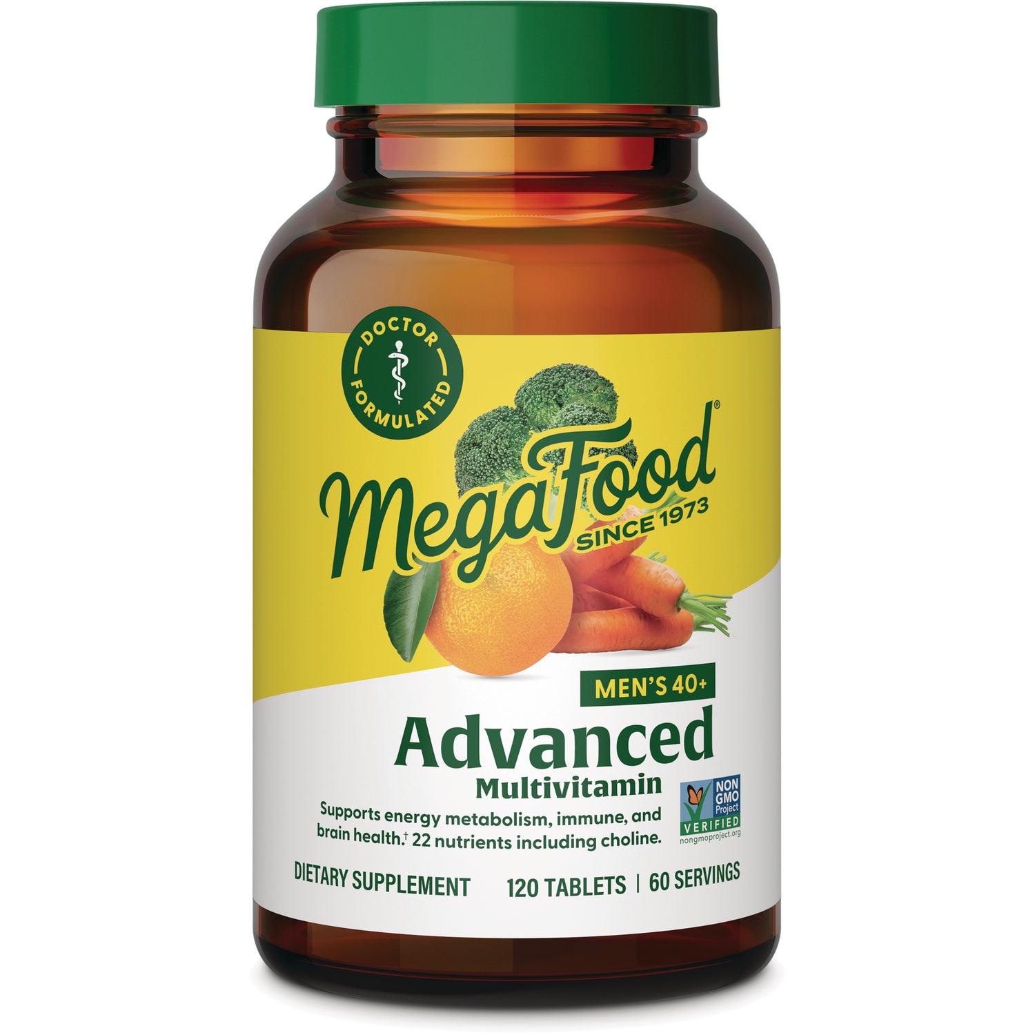 MGF072 | MegaFood Advanced Multivitamin Men's 40+ bottle front label showing brand name, orange and carrot imagery, 120 tablets