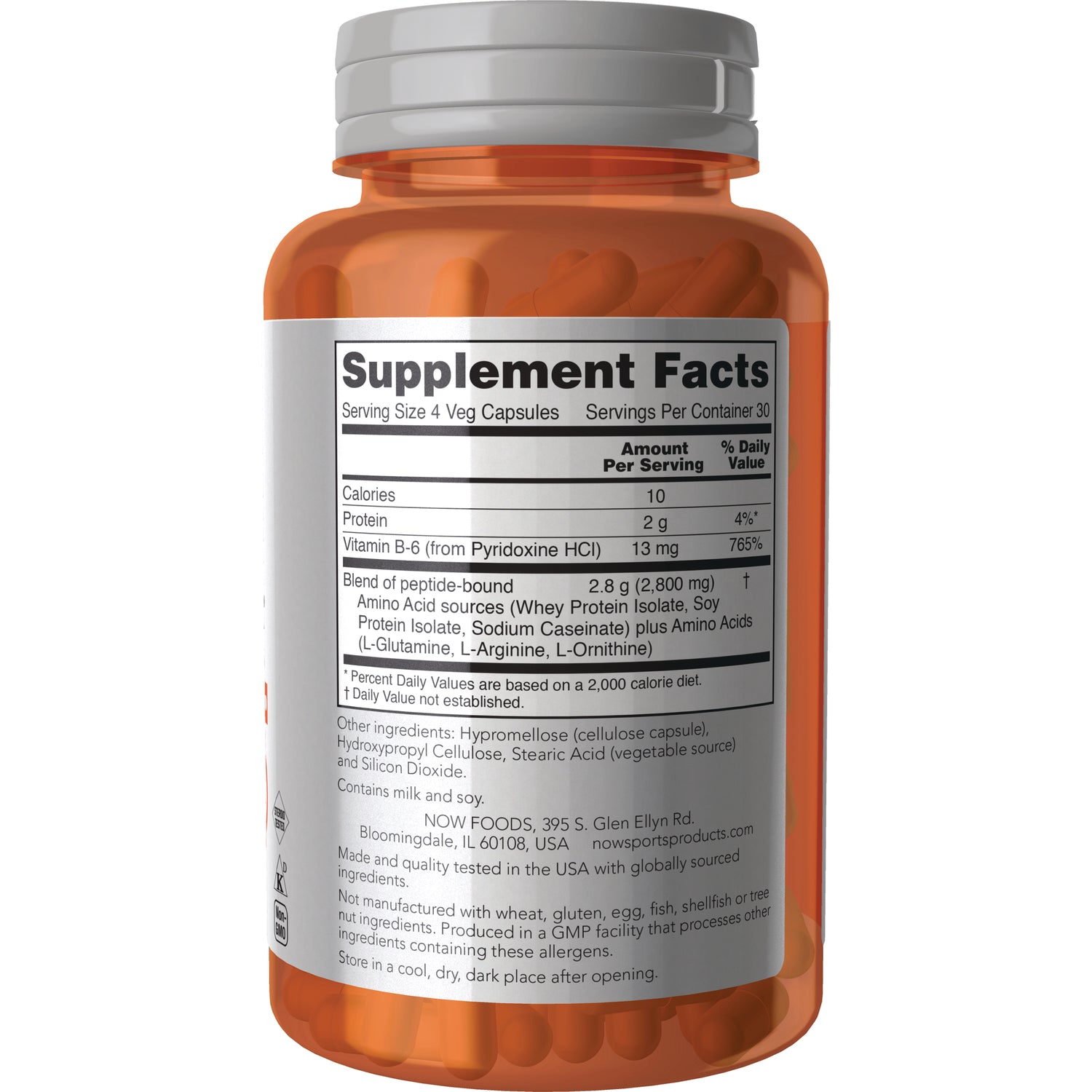 NWF725 | Back of orange supplement bottle showing Supplement Facts panel, nutrition facts and ingredient list