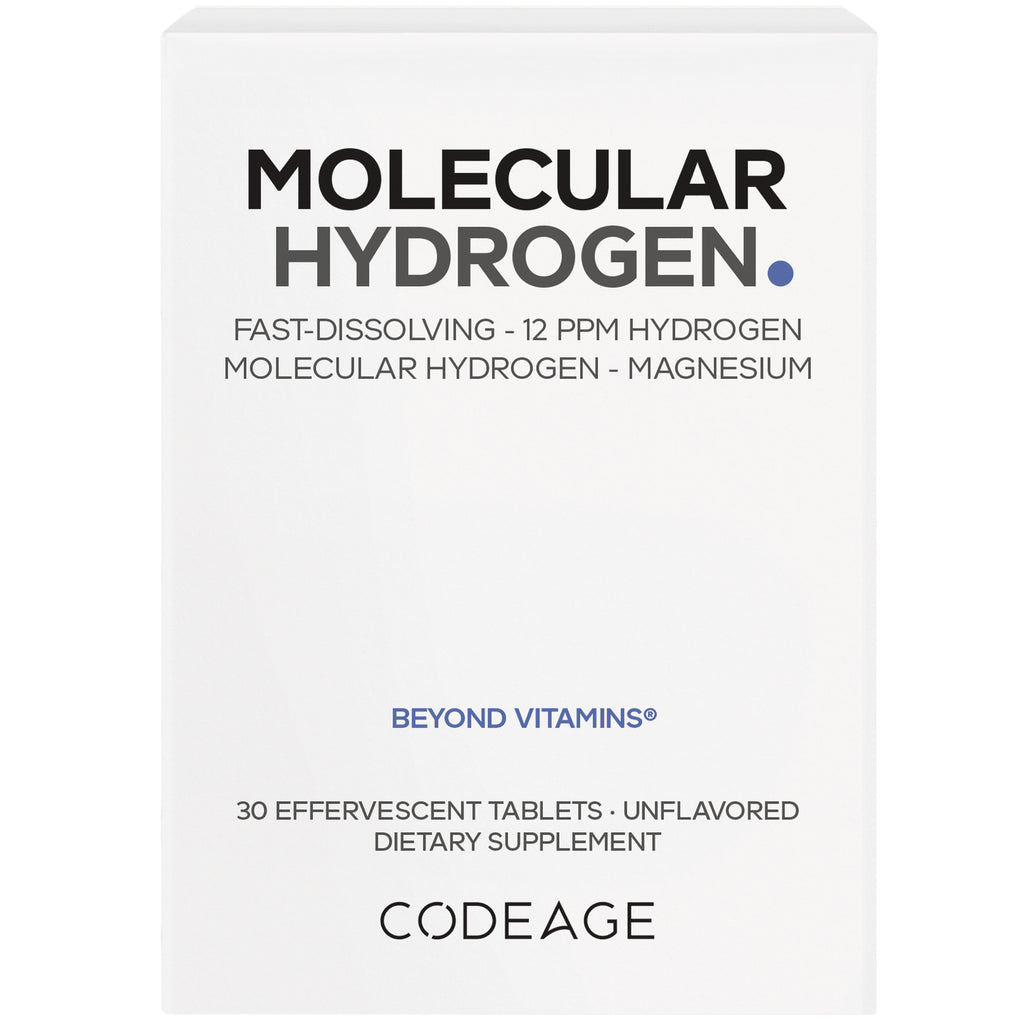 CDG046 | Codeage Molecular Hydrogen front box showing MOLECULAR HYDROGEN, Beyond Vitamins, 30 effervescent tablets unflavored - Thumbnail