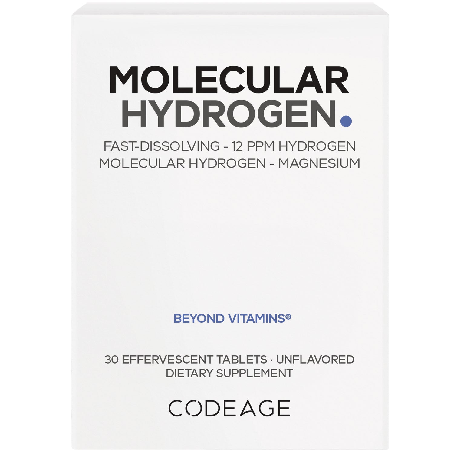 CDG046 | Codeage Molecular Hydrogen front box showing MOLECULAR HYDROGEN, Beyond Vitamins, 30 effervescent tablets unflavored