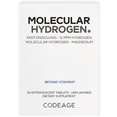 CDG046 | Codeage Molecular Hydrogen front box showing MOLECULAR HYDROGEN, Beyond Vitamins, 30 effervescent tablets unflavored