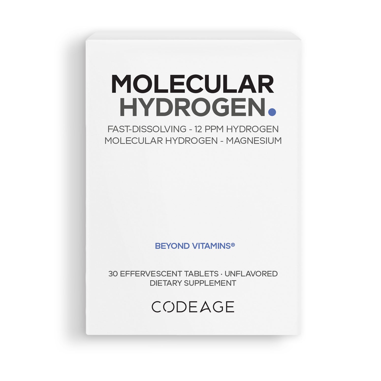 CDG046 | Codeage Molecular Hydrogen front box showing MOLECULAR HYDROGEN, Beyond Vitamins, 30 effervescent tablets unflavored
