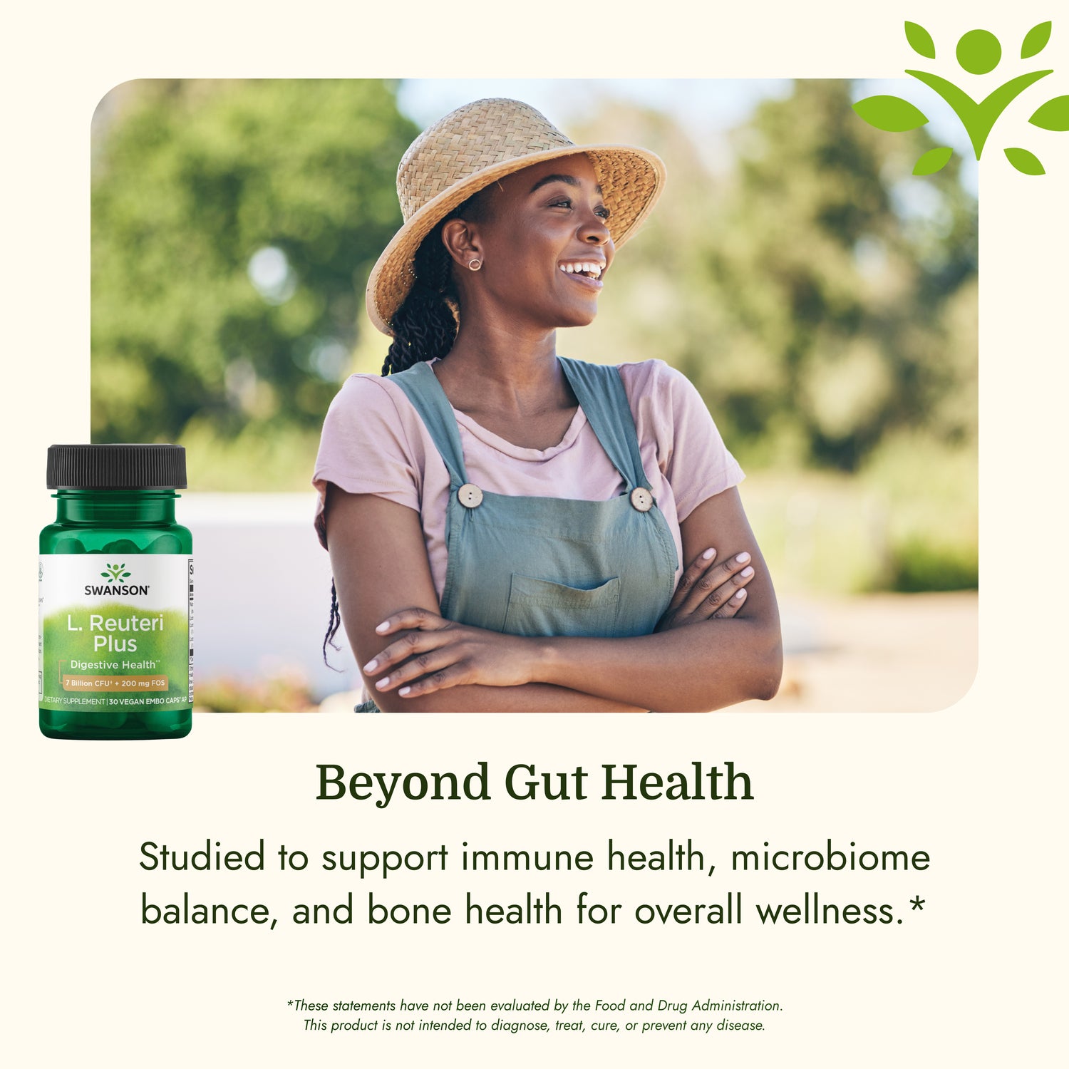 SWA025 | L. Reuteri Plus bottle labeled Digestive Health with product benefits banner and people stretching outdoors