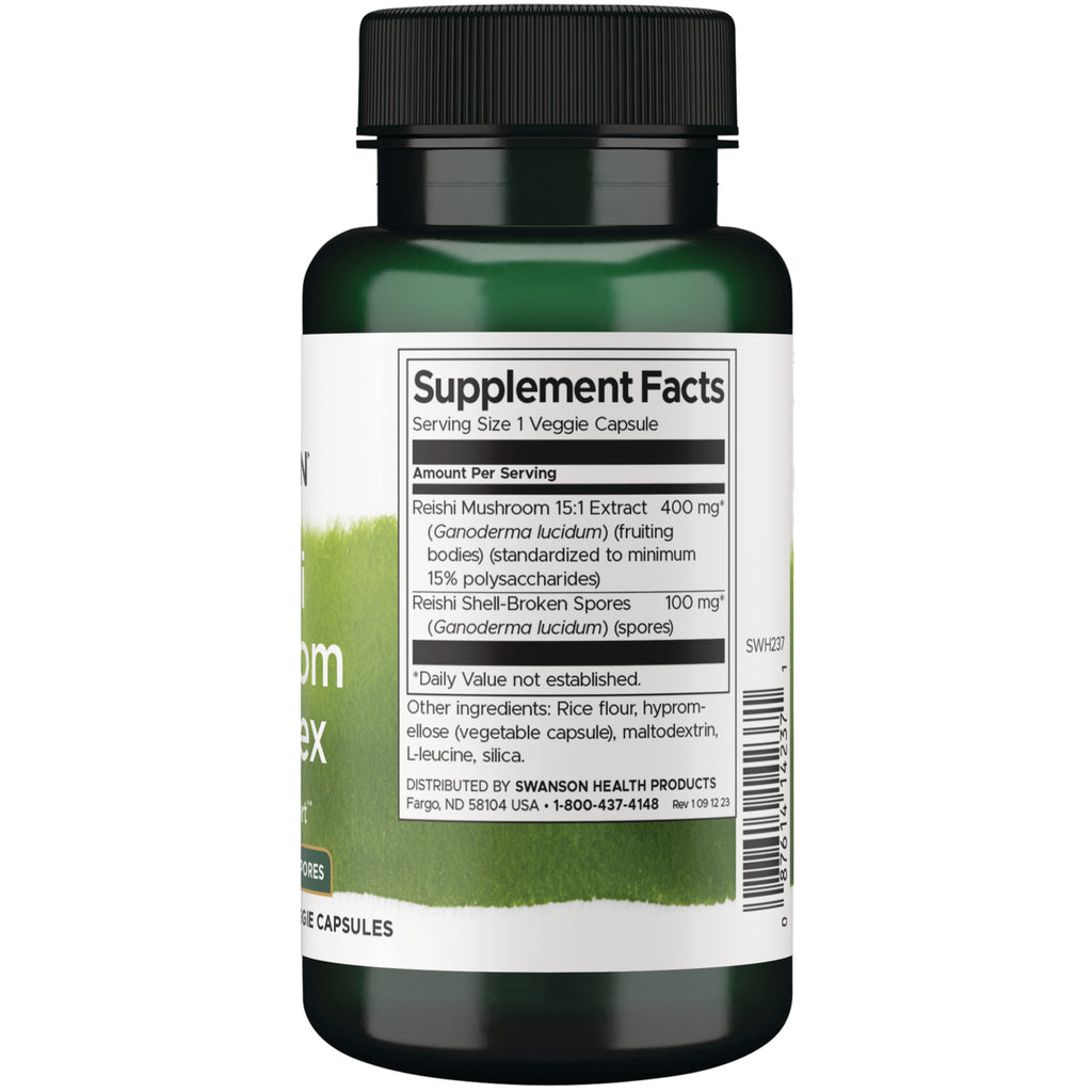 SWH237 | Supplement Facts panel for reishi mushroom extract and shell-broken spores, serving size 1 veggie capsule - Thumbnail