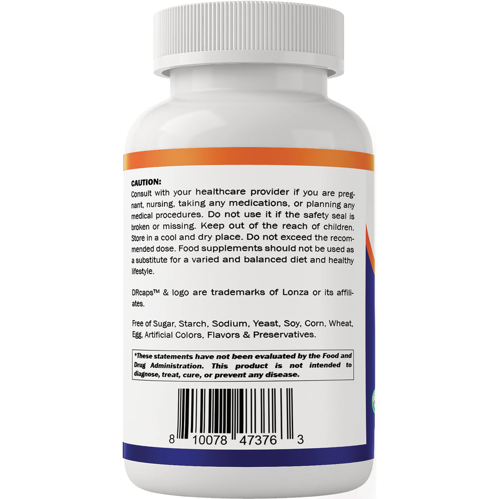 VAM004 | Back label of supplement bottle with caution text, ingredients-free list, and barcode - Thumbnail