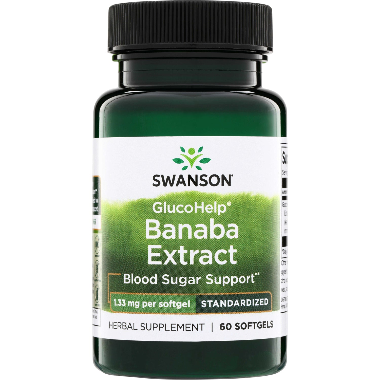 SWU659 | Swanson GlucoHelp Banaba Extract bottle, Blood Sugar Support, standardized, 60 softgels