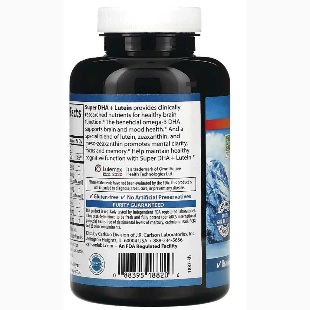 CSN275 | Back label of dark supplement bottle showing Super DHA + Lutein description, nutrition facts and barcode - Thumbnail