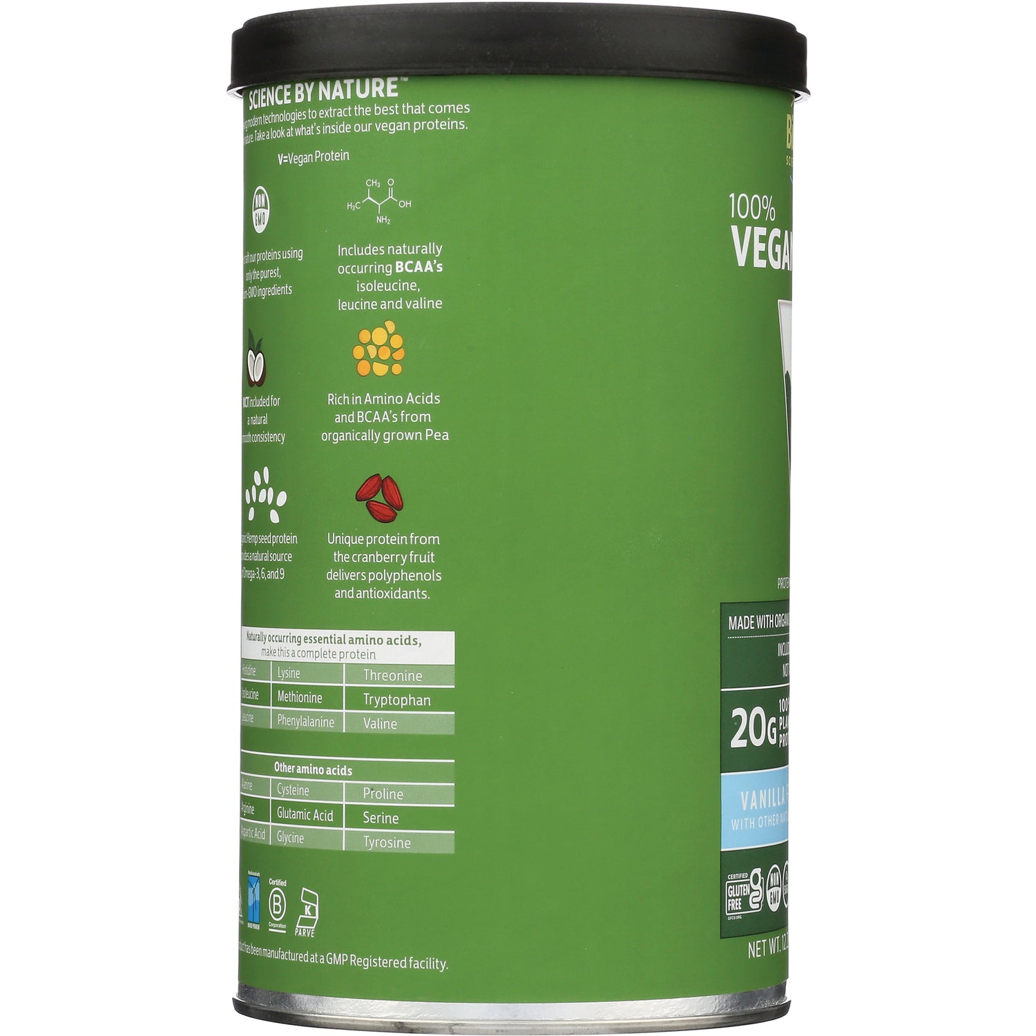 CRL365 | Product infographic panel showing amino acids, benefits, and icons on green 100% VEGAN protein can