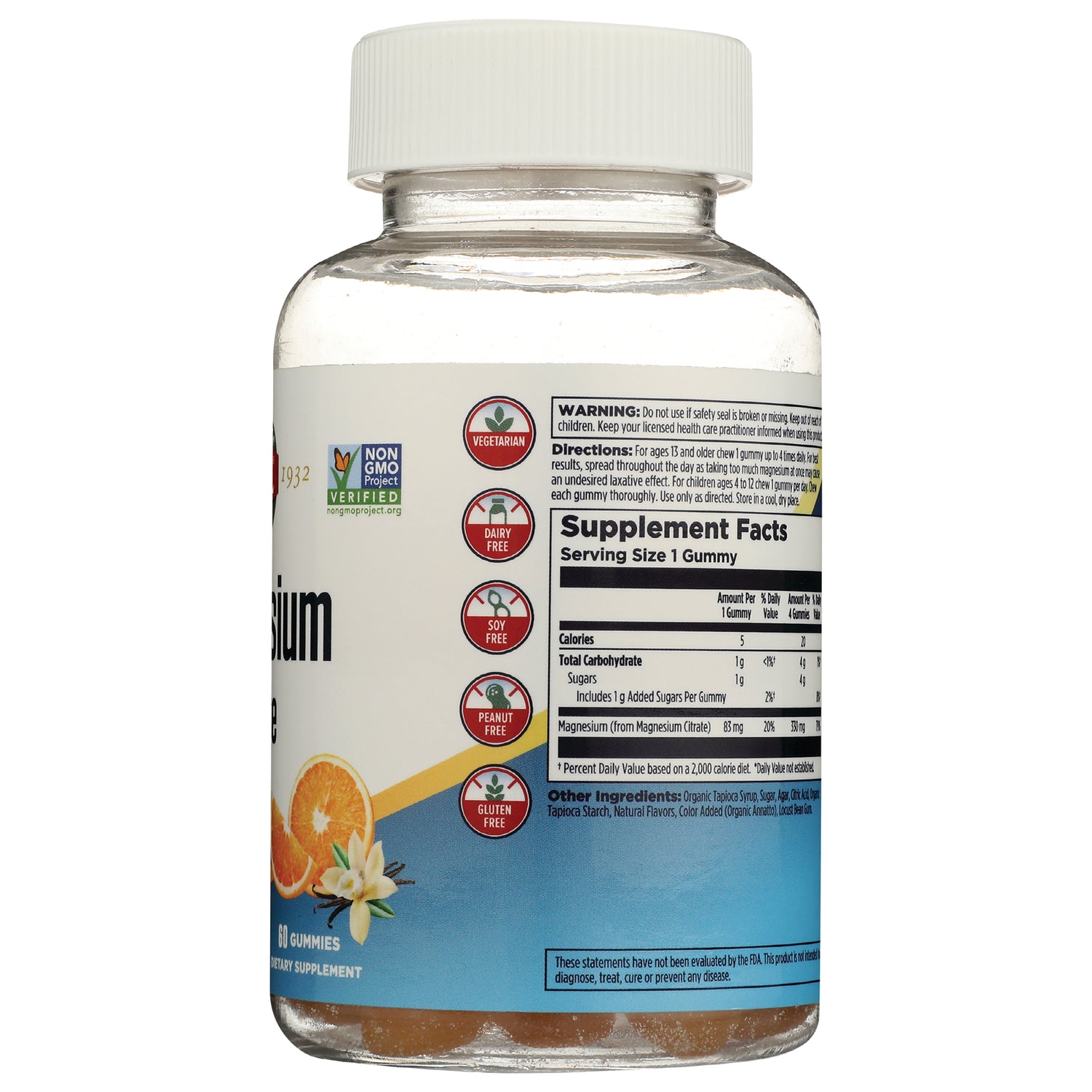 Supplement facts panel and allergy icons on back of gummy bottle with orange flavor illustration