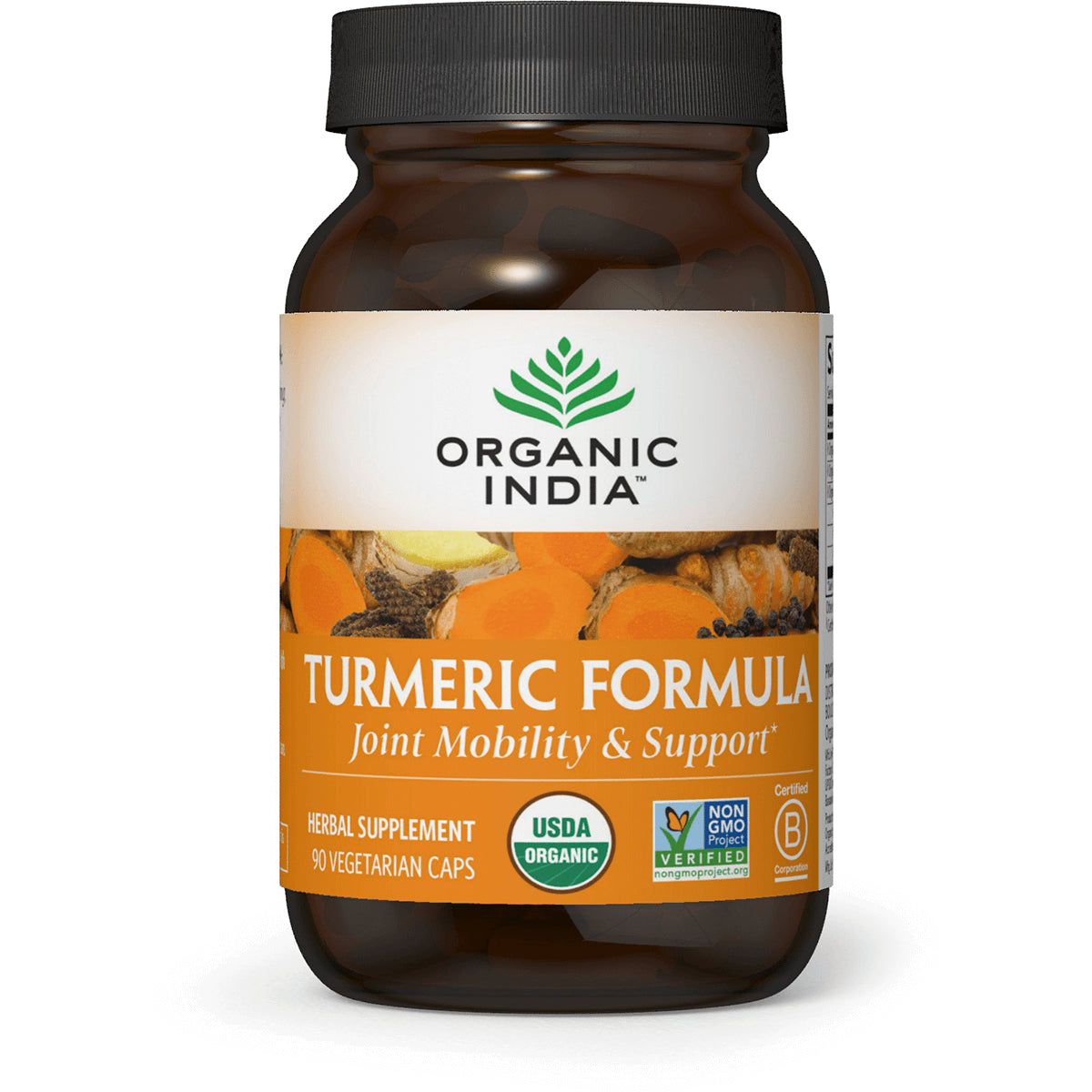 RGN040 | Organic India Turmeric Formula herbal supplement bottle labeled 90 vegetarian caps and USDA Organic
