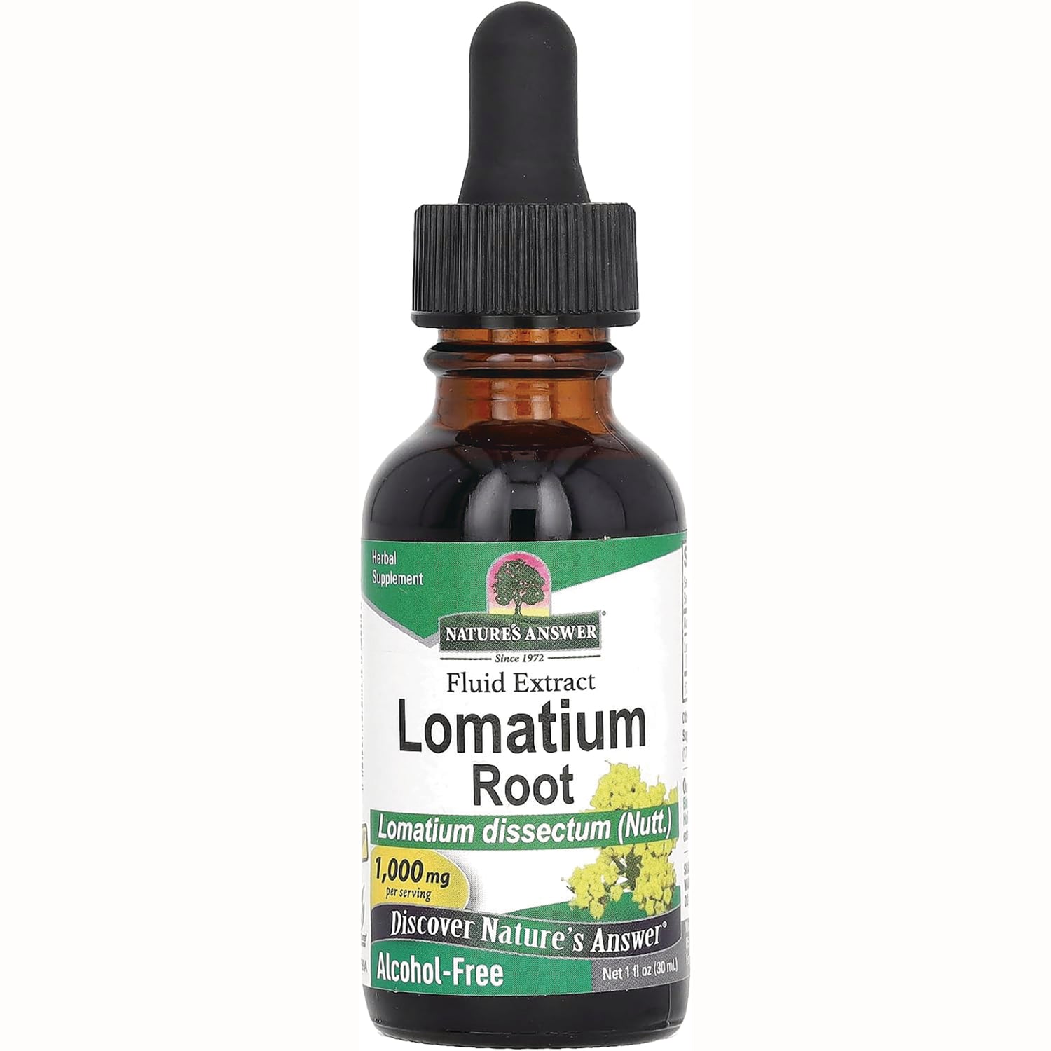 NAT274 | Amber dropper bottle labeled NATURE'S ANSWER Fluid Extract Lomatium Root 1,000 mg Alcohol-Free