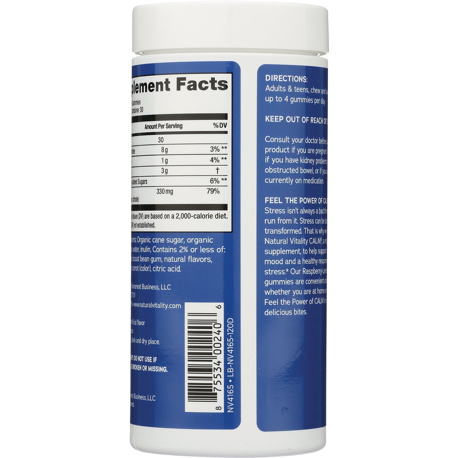 NVT041 | Back of blue supplement bottle showing Supplement Facts panel, directions text and barcode