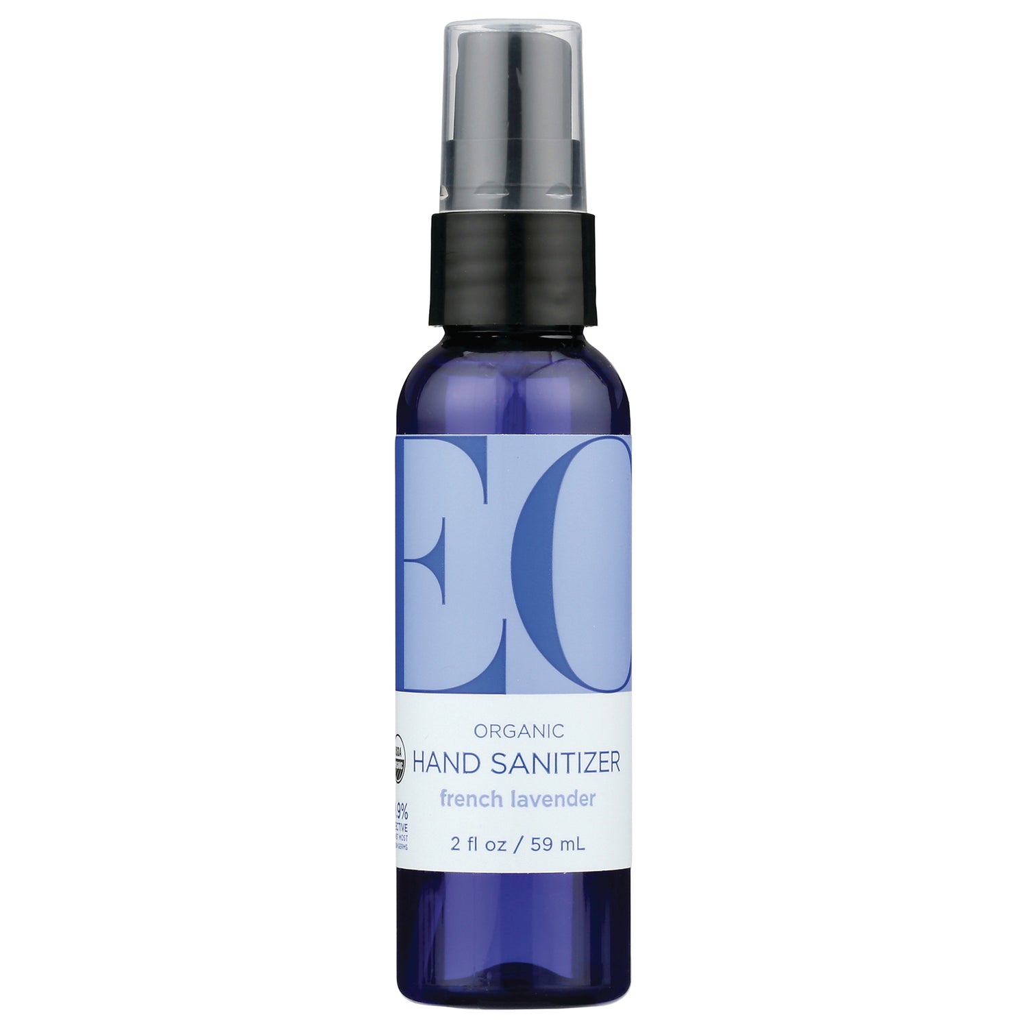 EOP072 | Blue 2 fl oz spray bottle of organic hand sanitizer labeled french lavender
