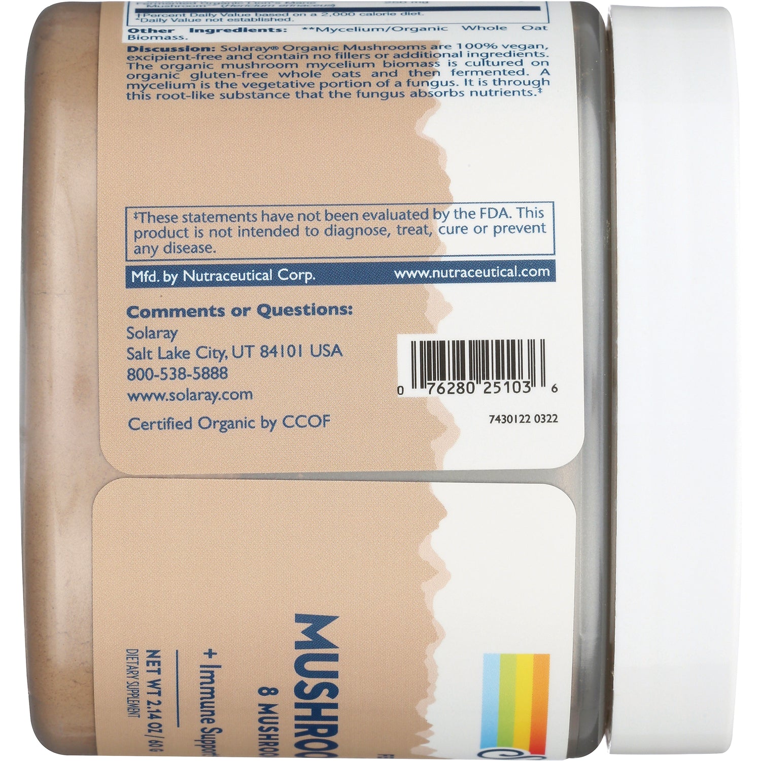 SLR458 | Solaray Organic Mushrooms bottle back label with FDA disclaimer, barcode, and Certified Organic by CCOF