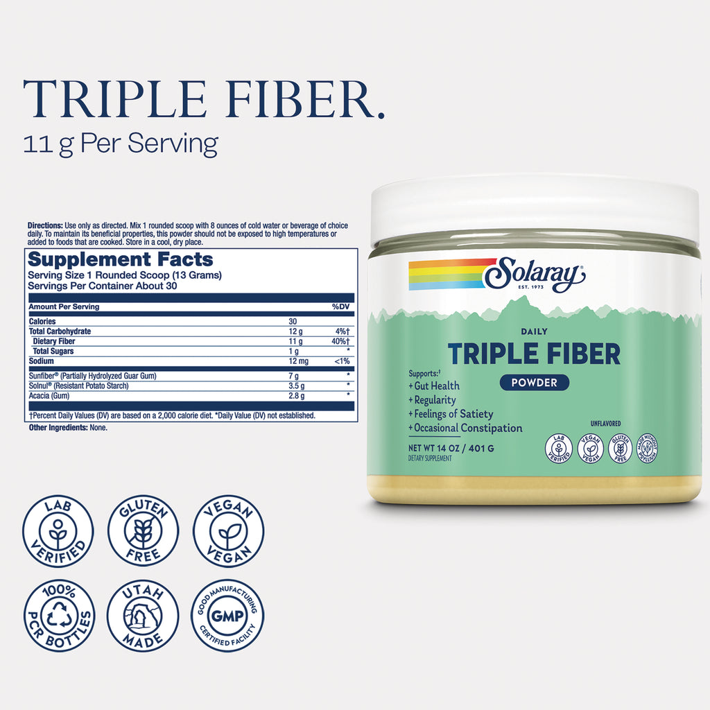SLR543 | Solaray Triple Fiber Powder back label with Supplement Facts and 11 g per serving - Thumbnail