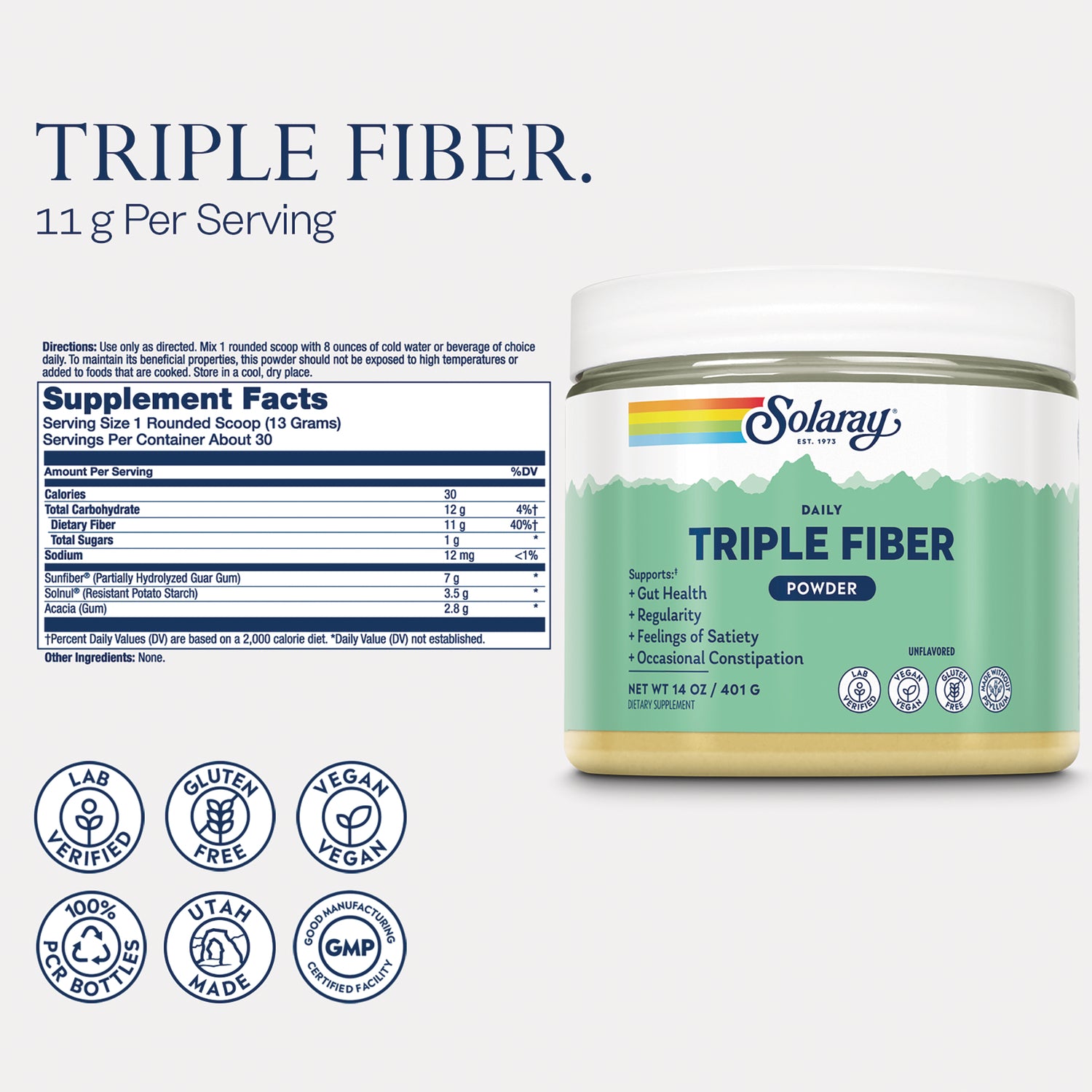 SLR543 | Solaray Triple Fiber Powder back label with Supplement Facts and 11 g per serving
