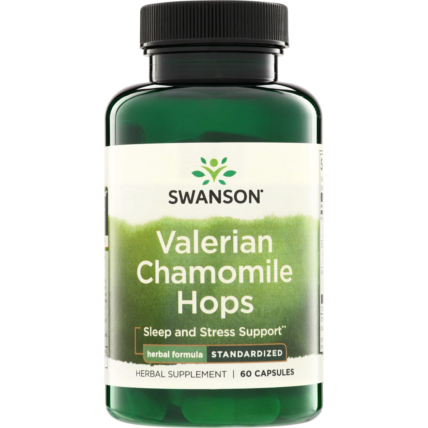 SWH262 | Swanson Valerian Chamomile Hops supplement bottle, Sleep and Stress Support, 60 capsules