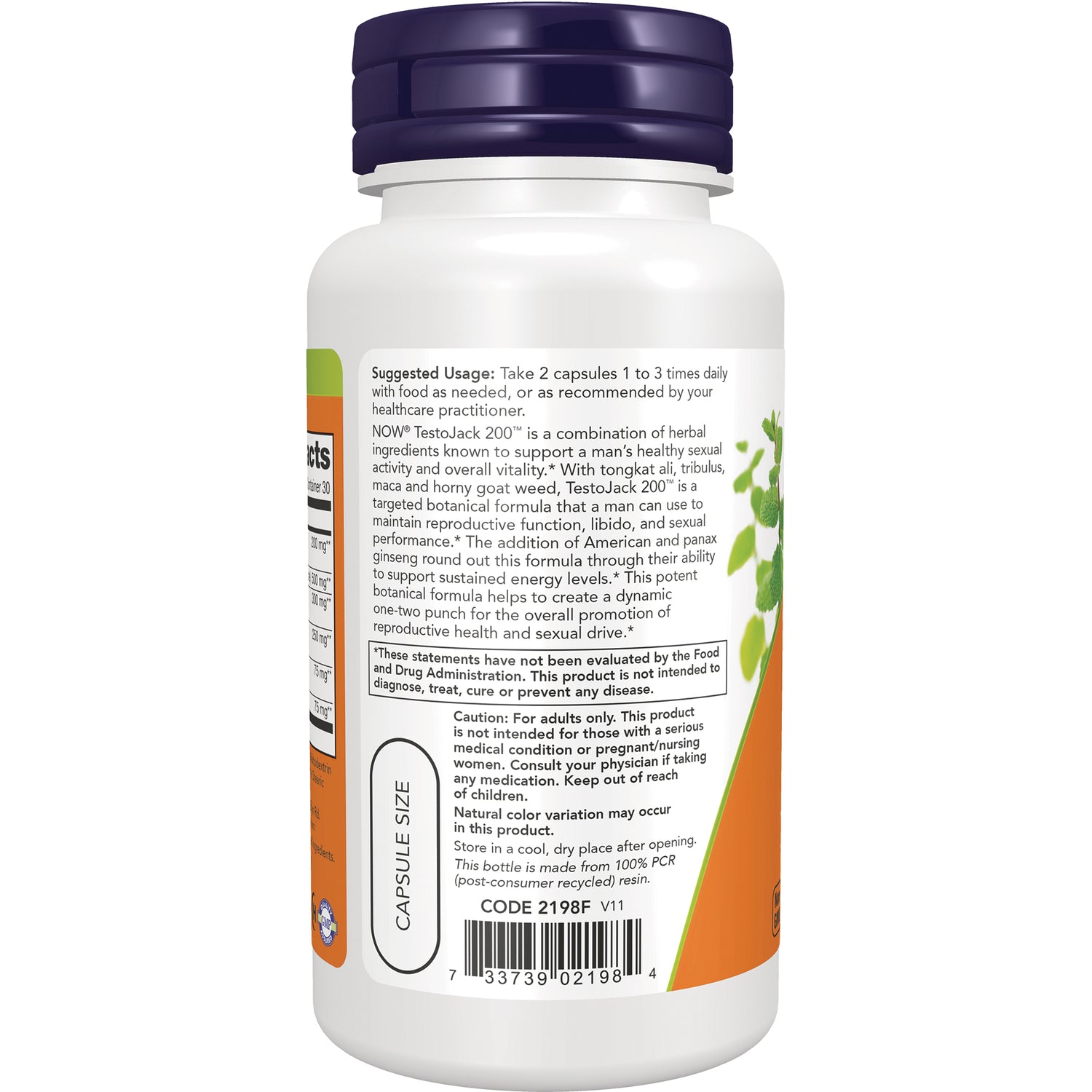 NWF639 | Back label of white supplement bottle showing suggested usage, caution text and barcode