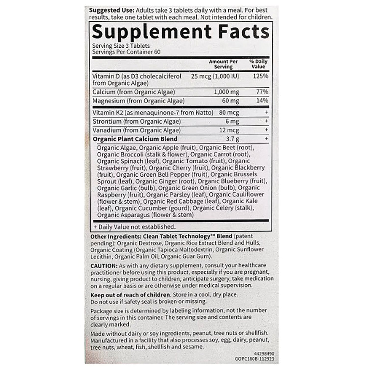 GLF185 | Supplement facts and ingredient panel on product back showing serving size, nutrient amounts and caution text