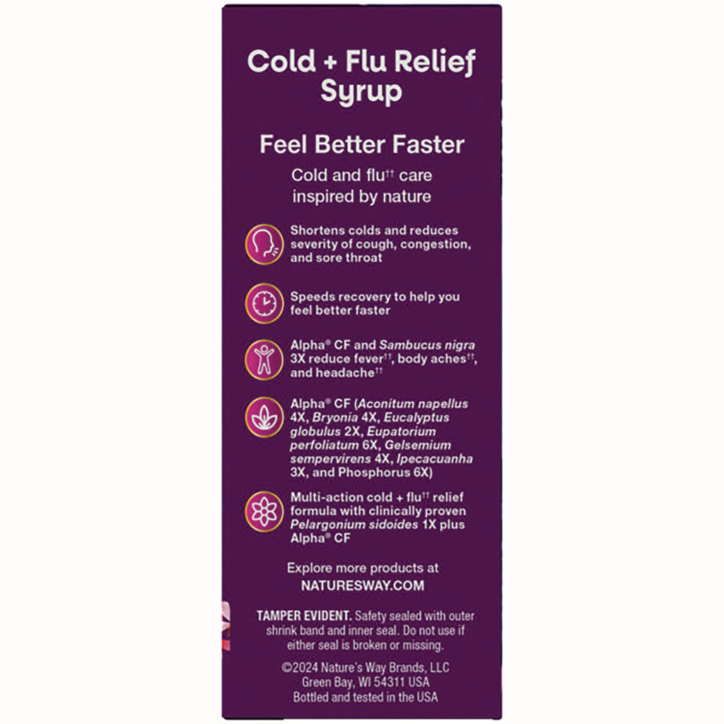 NW850 | Purple product infographic panel for Cold + Flu Relief Syrup listing benefits and ingredients - Thumbnail