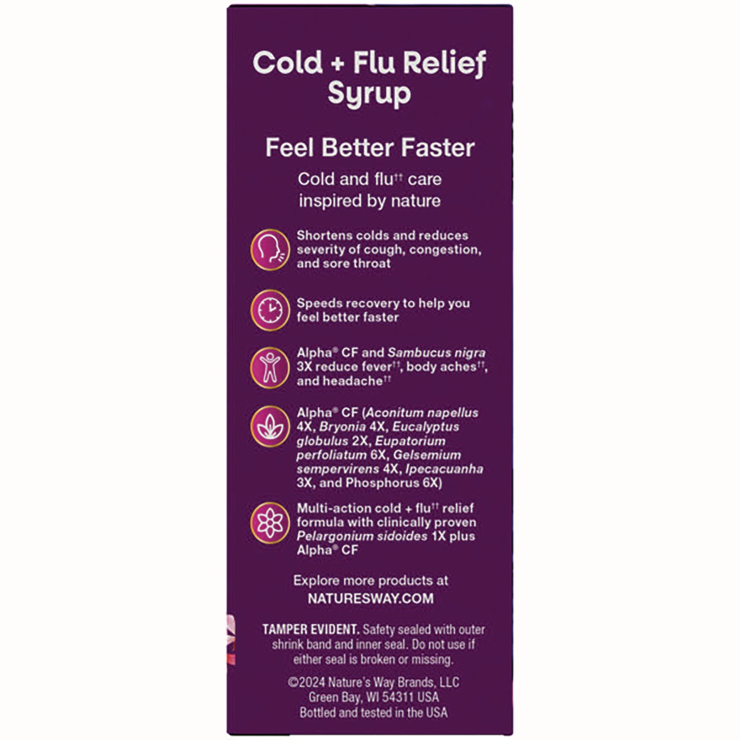 NW850 | Purple product infographic panel for Cold + Flu Relief Syrup listing benefits and ingredients