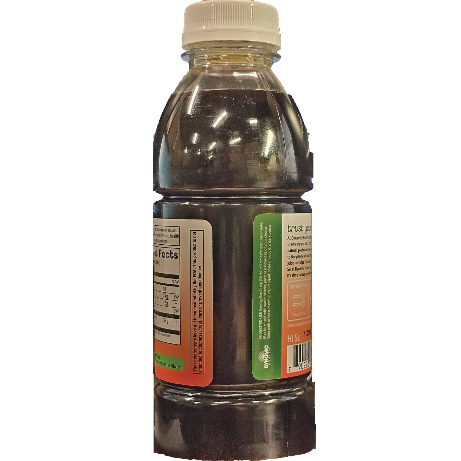 DYH020 | Back of plastic beverage bottle showing nutrition facts panel, ingredients and barcode
