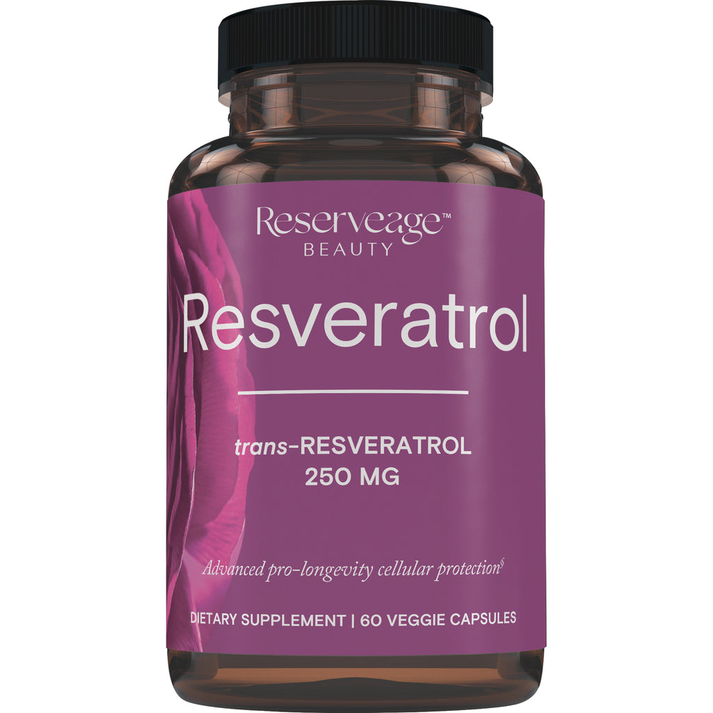RSA002 | Front view of Reserveage Beauty Resveratrol 250 MG supplement bottle with purple label, 60 veggie capsules - Thumbnail