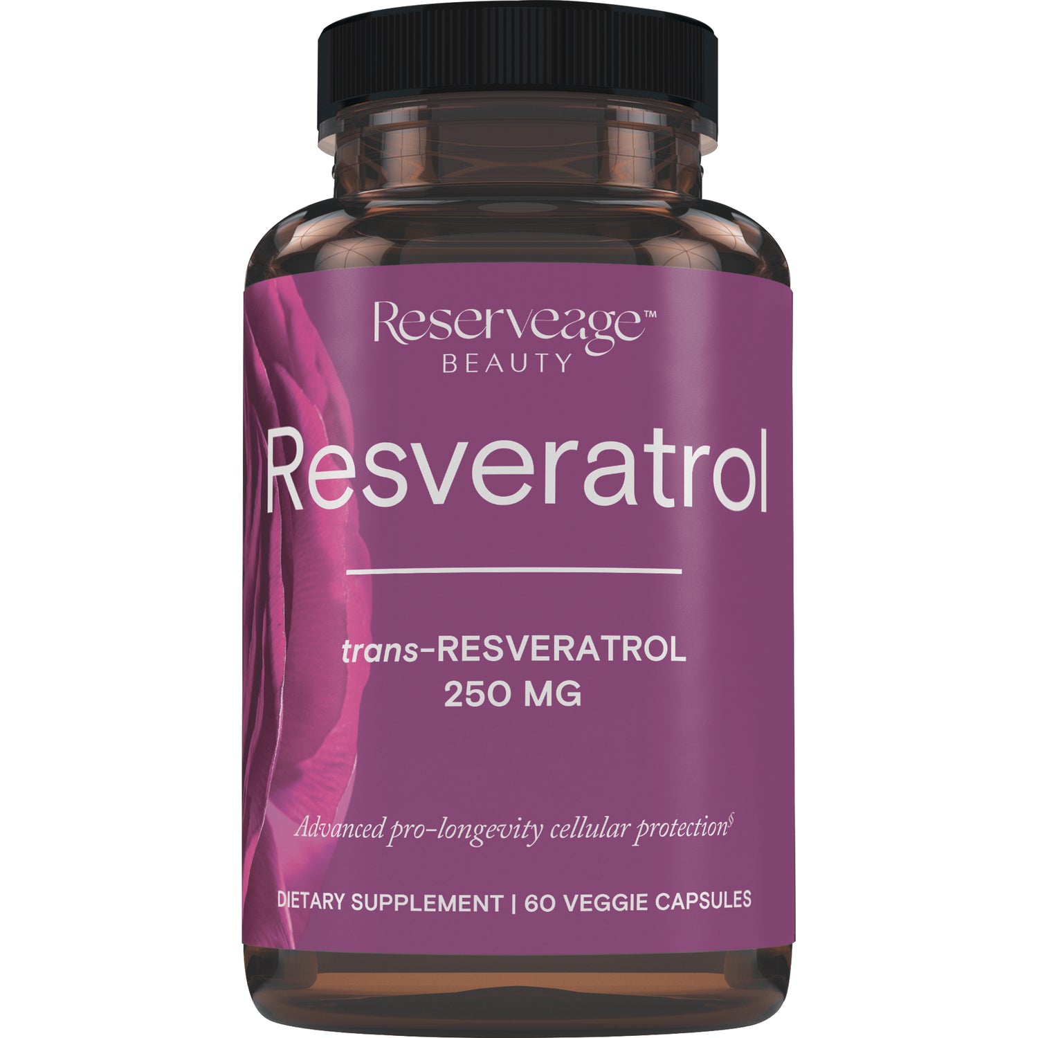 RSA002 | Front view of Reserveage Beauty Resveratrol 250 MG supplement bottle with purple label, 60 veggie capsules