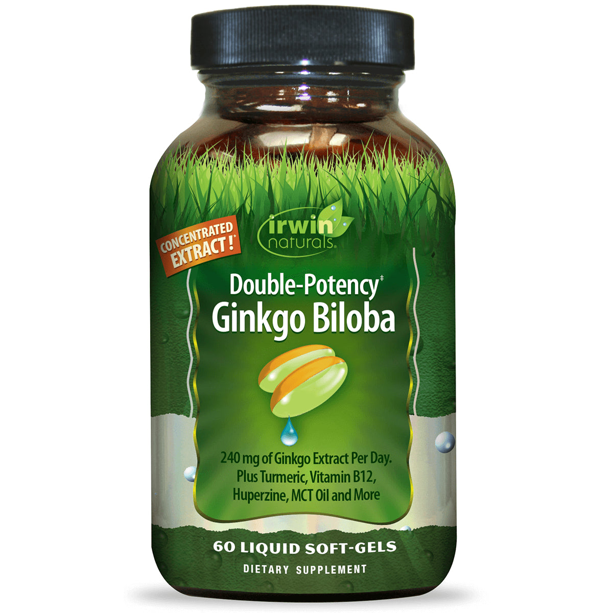 IR150 | Irwin Naturals Double-Potency Ginkgo Biloba bottle showing 60 liquid soft-gels and label text 240 mg extract per day