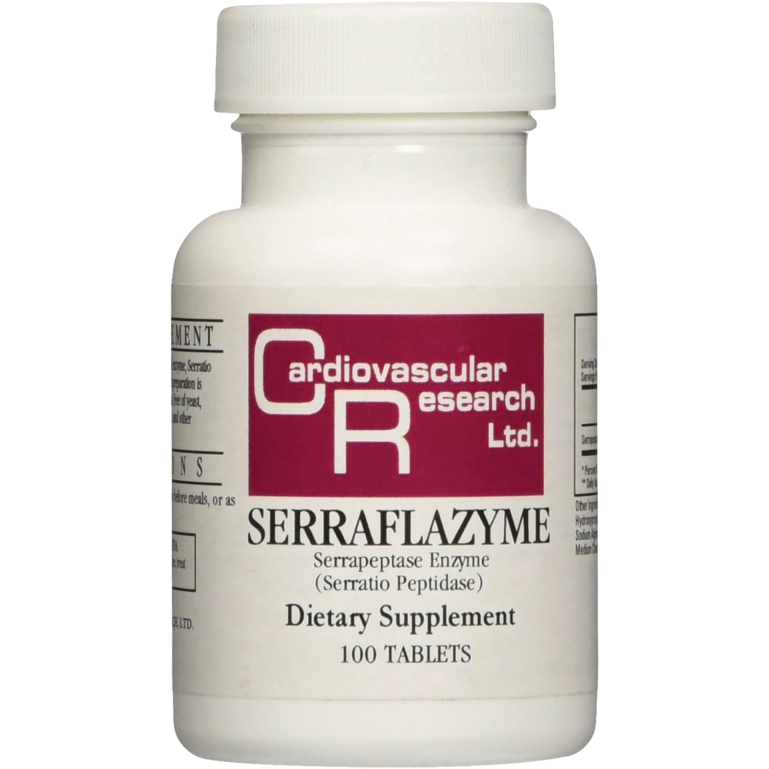CRR015 | White bottle front labeled SERRAFLAZYME Serrapeptase Enzyme Dietary Supplement 100 TABLETS