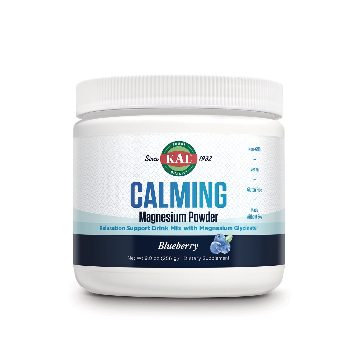 KL587 | KAL Calming Magnesium Powder blueberry flavor jar, front label showing product name and net wt 9.0 oz