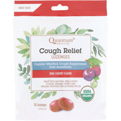 QU074 | Quantum Health Cough Relief lozenges bing cherry flavor pouch with USDA Organic seal