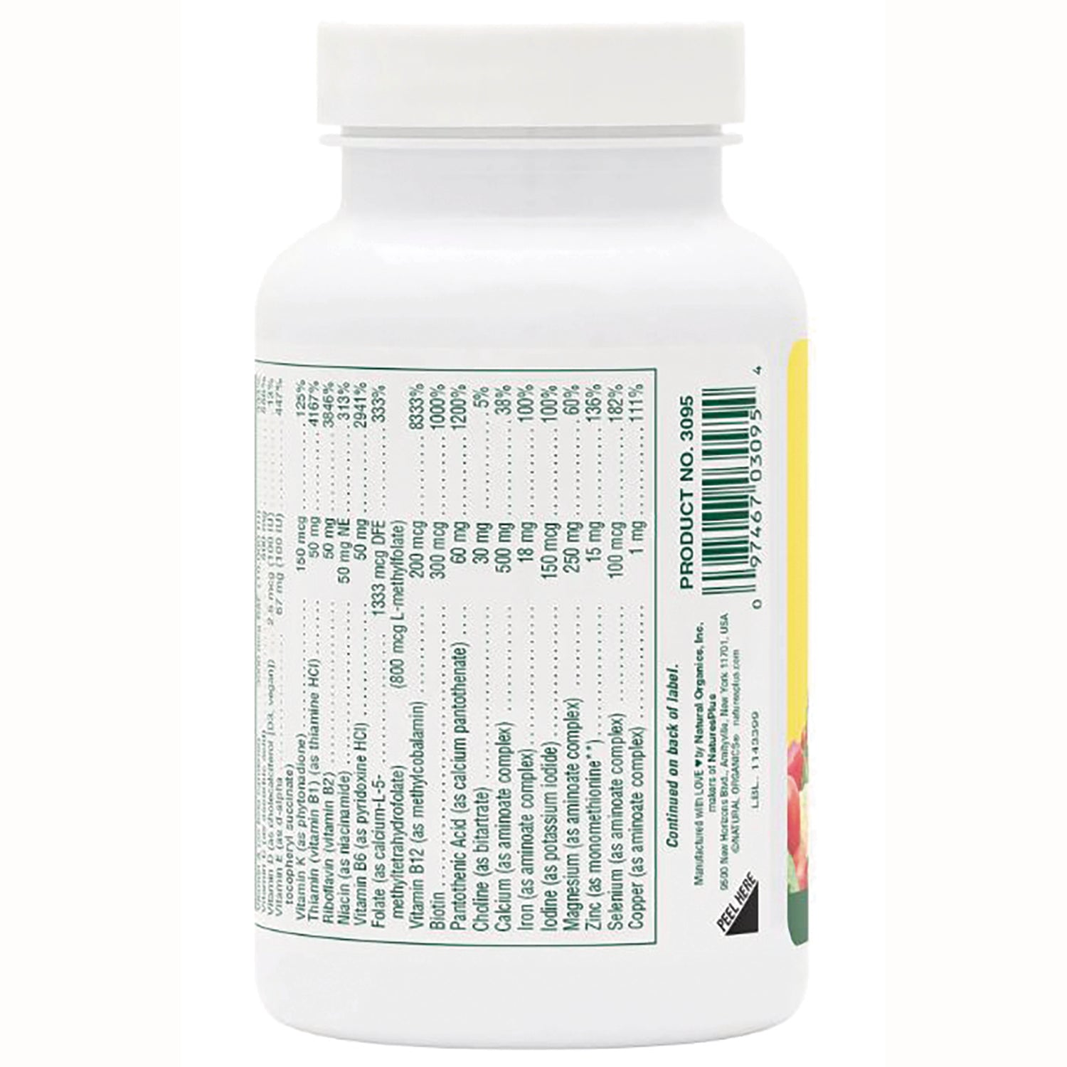 NTP075 | back label showing supplement facts table and barcode on white plastic bottle