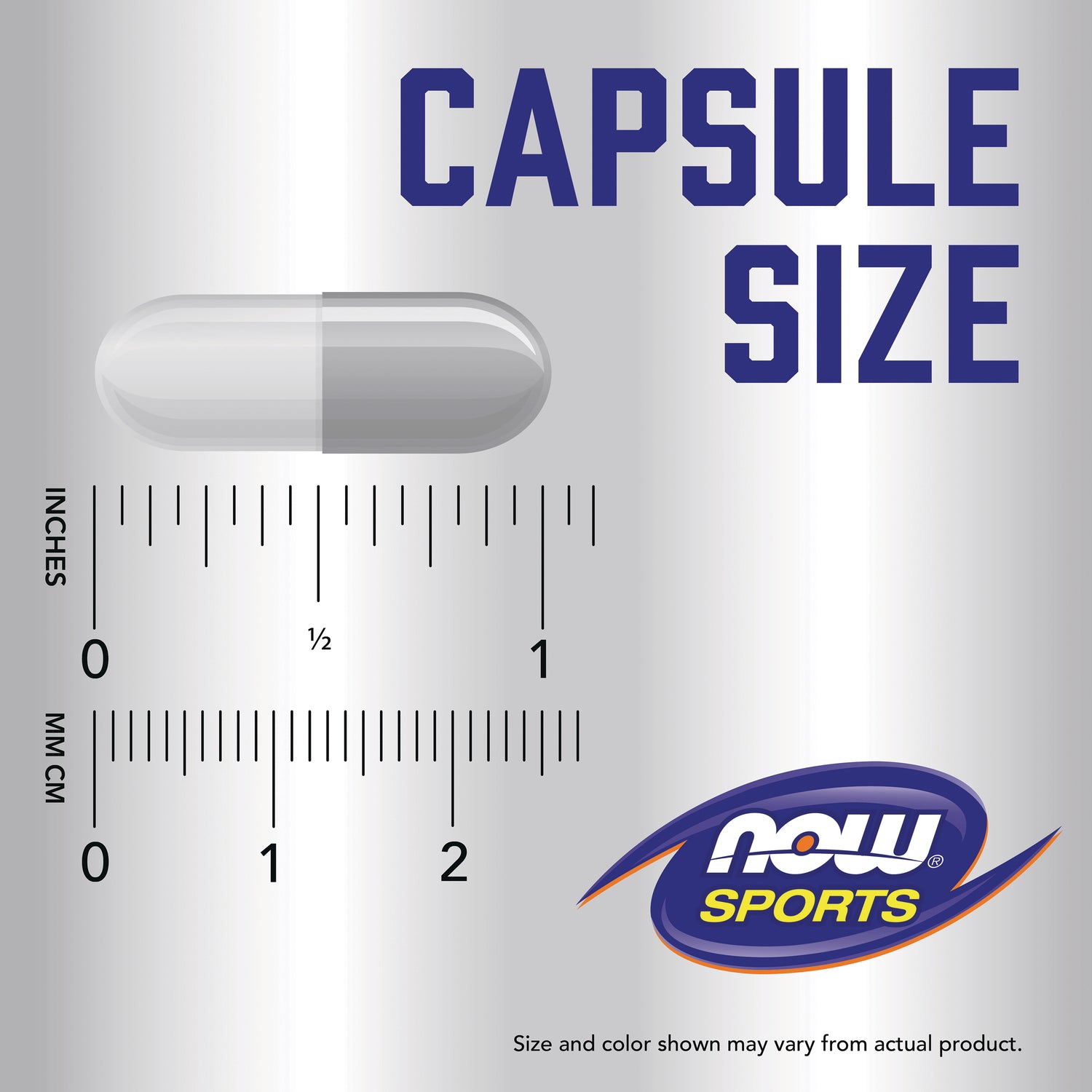 NWF168 | Capsule size graphic showing a gray capsule over inch and mm rulers with CAPSULE SIZE text and NOW Sports logo