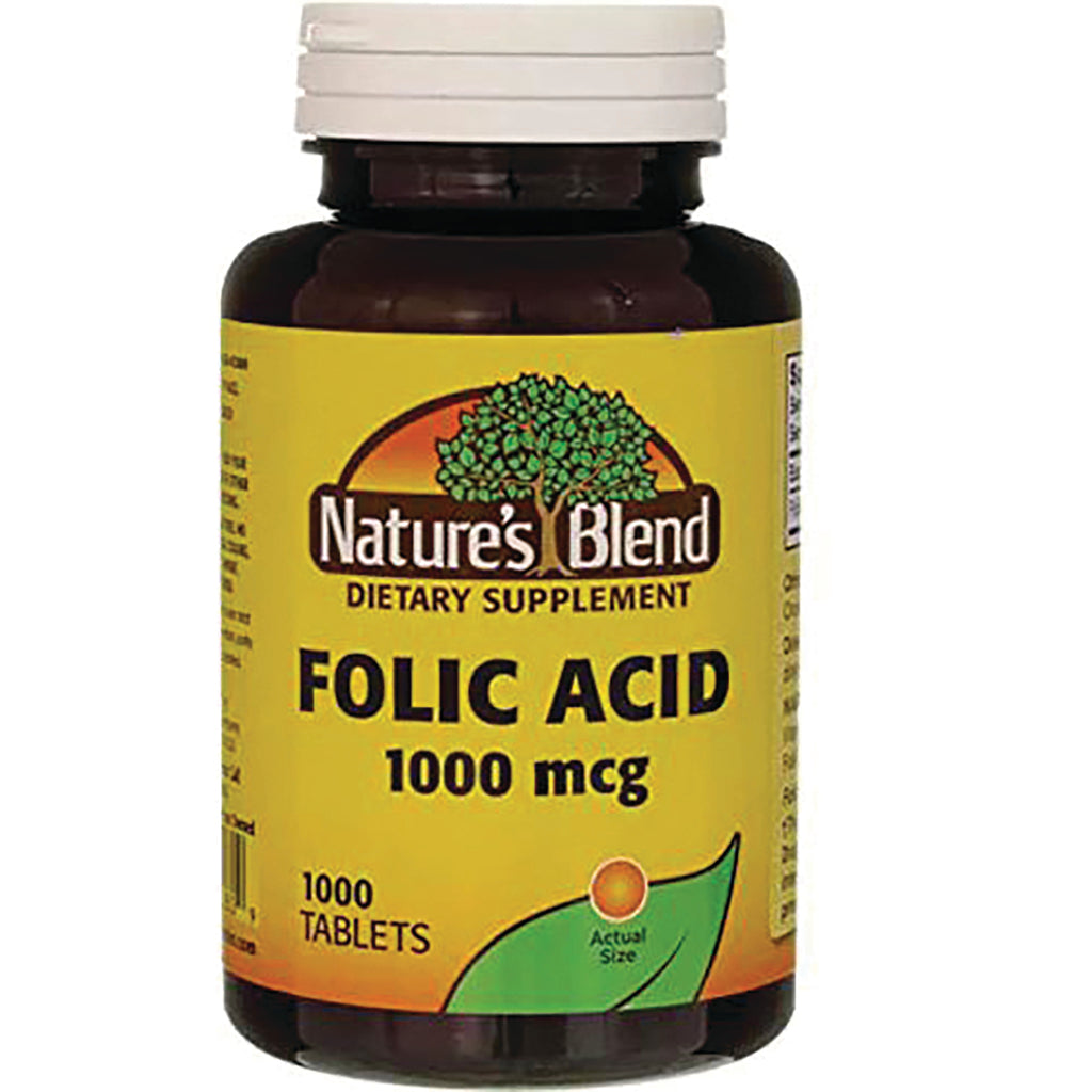 NAB013 | Nature's Blend Folic Acid 1000 mcg dietary supplement bottle front yellow label 1000 tablets - Thumbnail