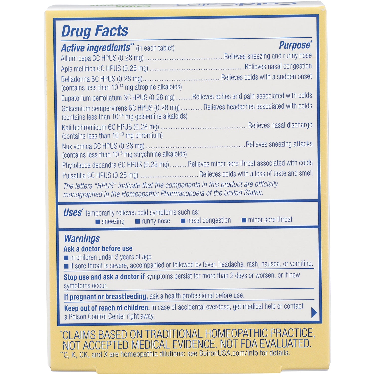 BRN007 | back panel showing Drug Facts active ingredients, uses and warnings on yellow-edged packaging