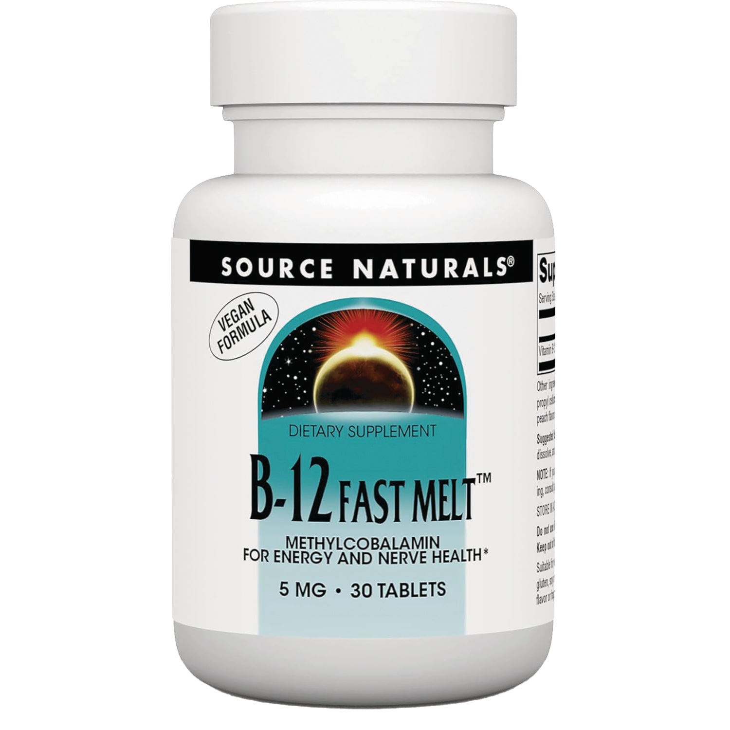SN510 | Source Naturals B-12 Fast Melt methylcobalamin, vegan formula, 5 mg, 30 tablets