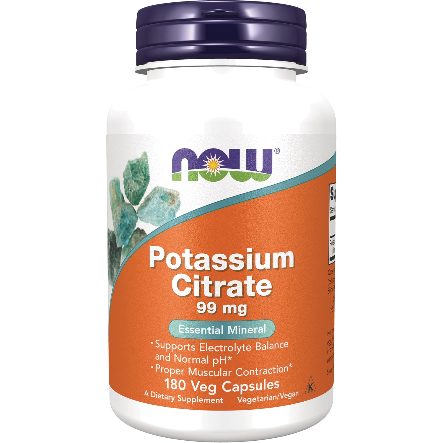 NWF906 | NOW Potassium Citrate 99 mg supplement bottle with orange label, front view showing 180 Veg Capsules