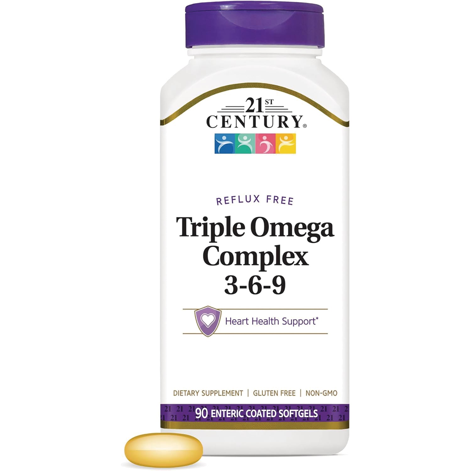 CNT207 | 21st Century Triple Omega Complex 3-6-9 white supplement bottle with purple cap and one yellow softgel