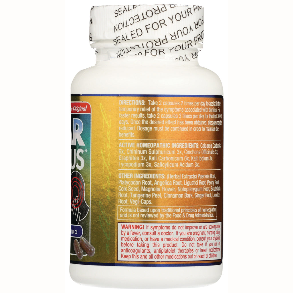 CLP009 | Back label of white supplement bottle showing directions, active homeopathic and other ingredients, and warning text - Thumbnail