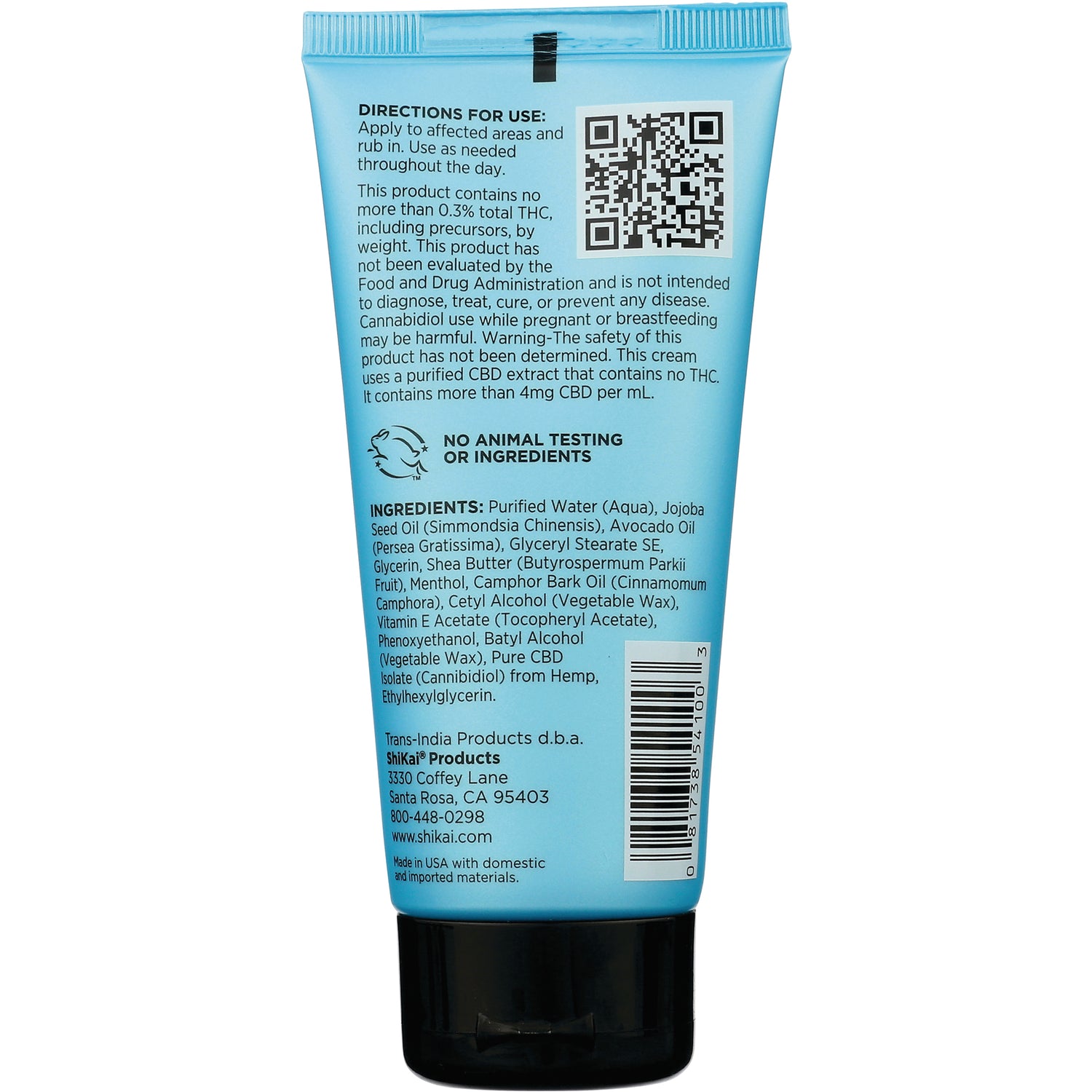 SHK062 | Back of blue cream tube showing directions, ingredients list, QR code and barcode