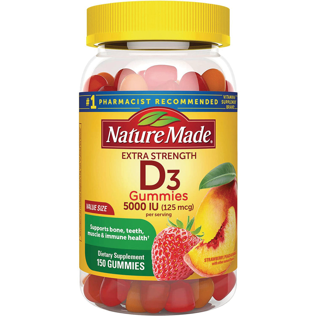 NTM127 | NatureMade Extra Strength D3 gummies bottle, 5000 IU, 150 gummies, strawberry and peach flavors - Thumbnail