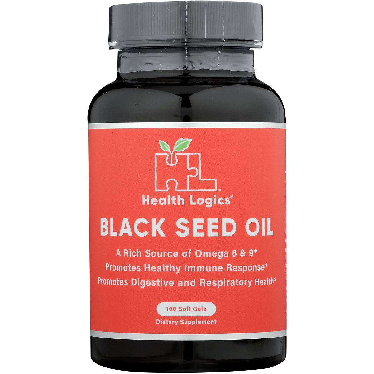 HLG005 | Bottle of Black Seed Oil dietary supplement with red label reading 100 Soft Gels