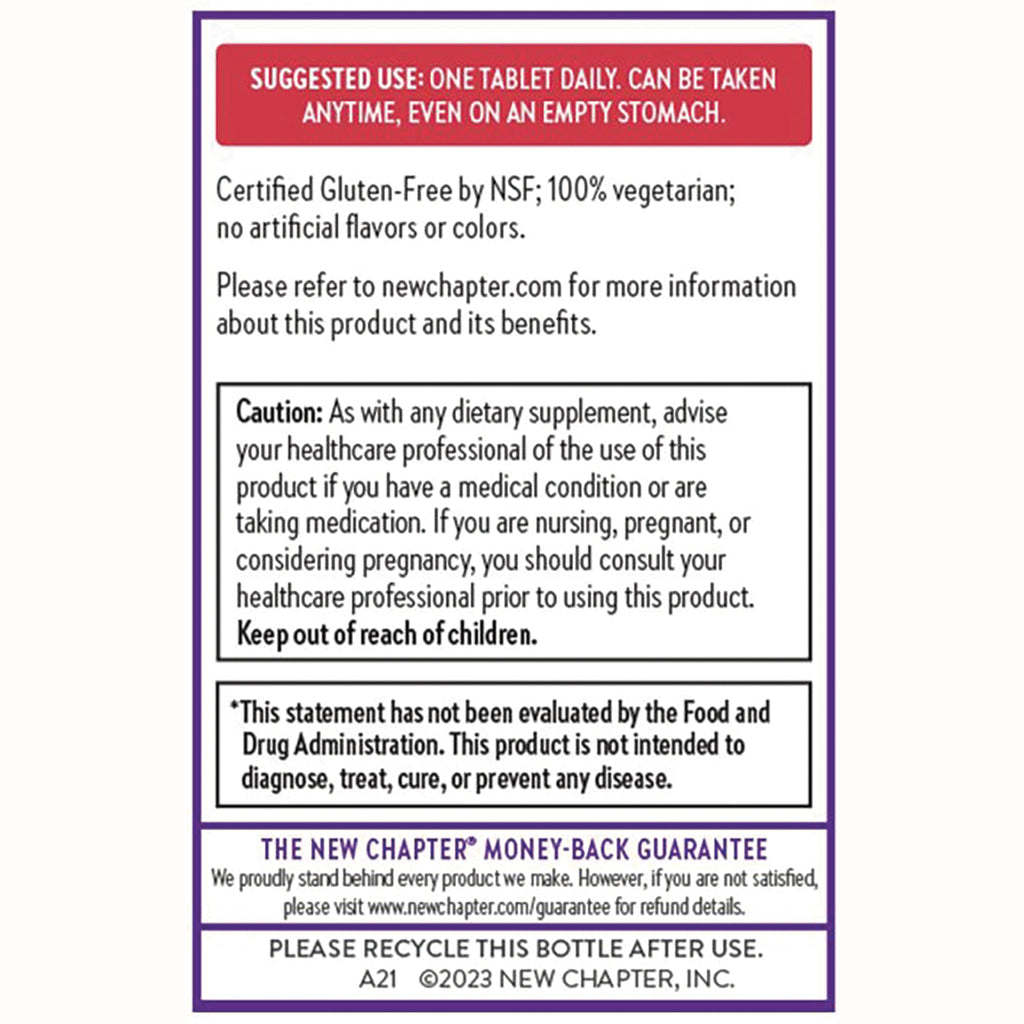 NWC366 | Back label showing suggested use one tablet daily, caution and FDA disclaimer, plus recycling and guarantee info - Thumbnail