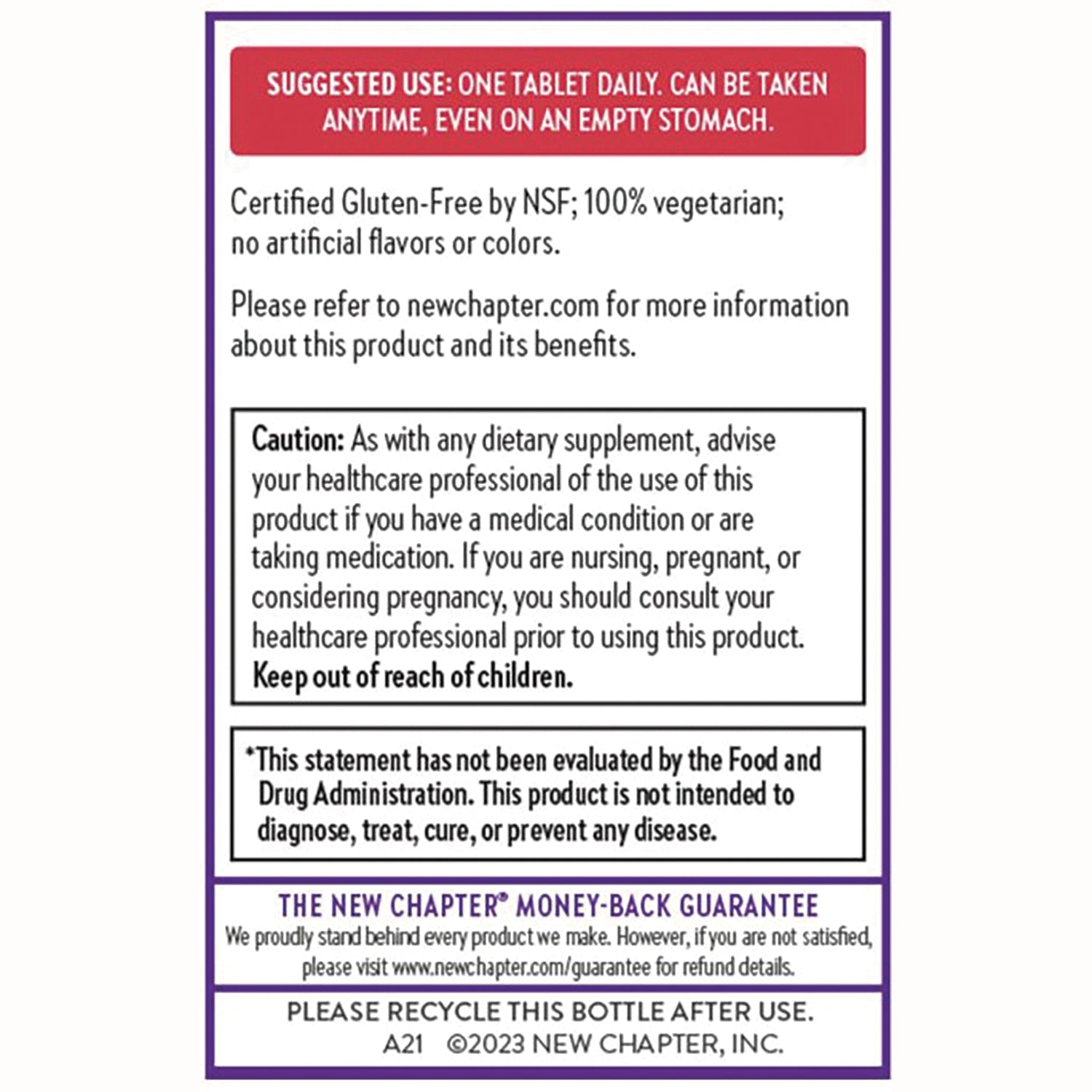 NWC366 | Back label showing suggested use one tablet daily, caution and FDA disclaimer, plus recycling and guarantee info