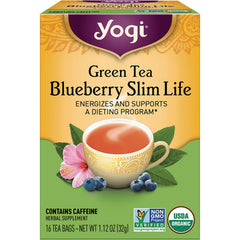 AHW028 | Yogi Green Tea Blueberry Slim Life box front with teacup, blueberries and USDA Organic badge