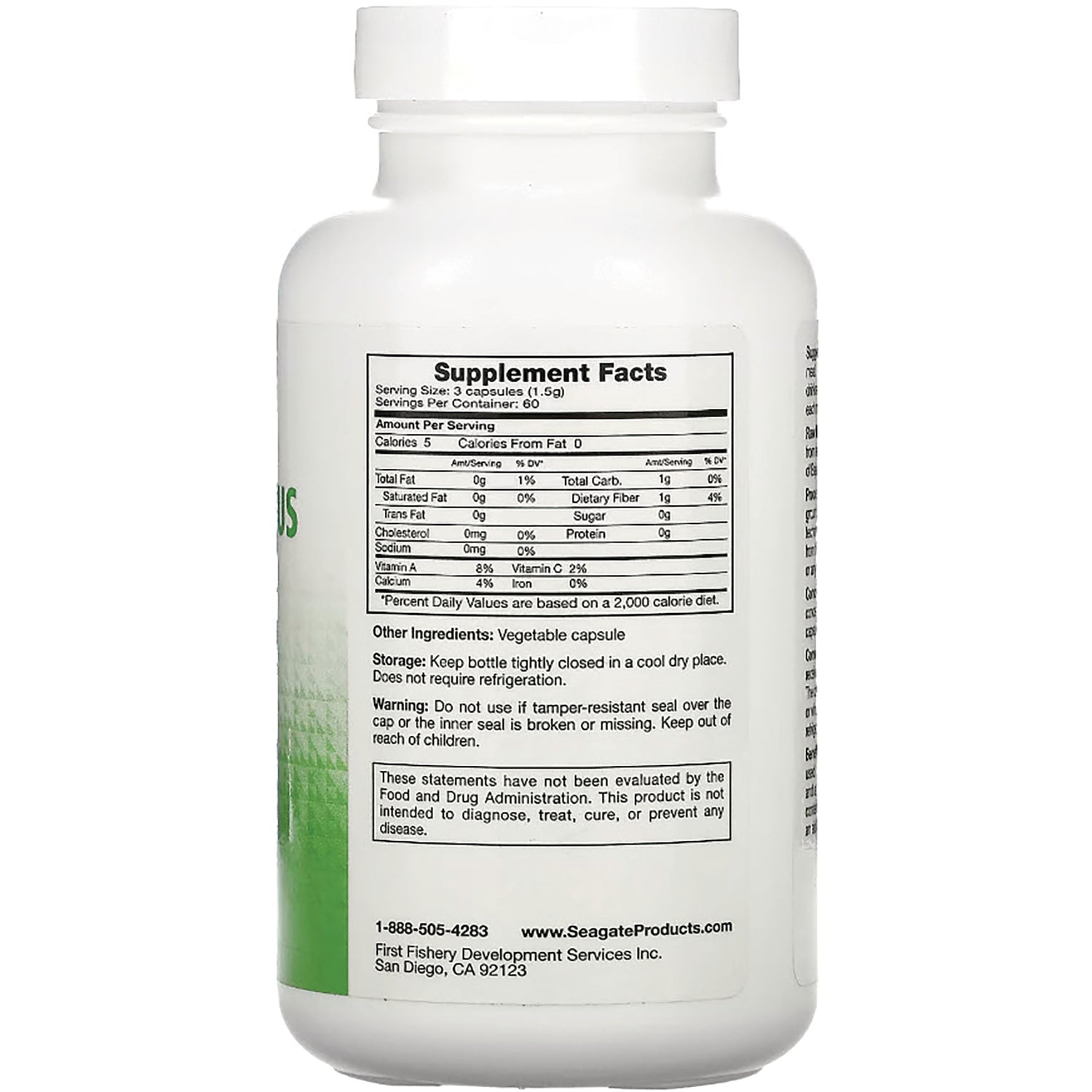 White supplement bottle back with Supplement Facts label, ingredient and warning text visible