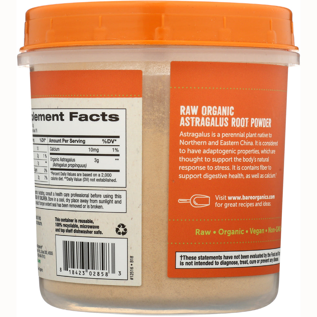 BOR041 | side label with RAW ORGANIC ASTRAGALUS ROOT POWDER text, supplement facts panel and barcode - Thumbnail