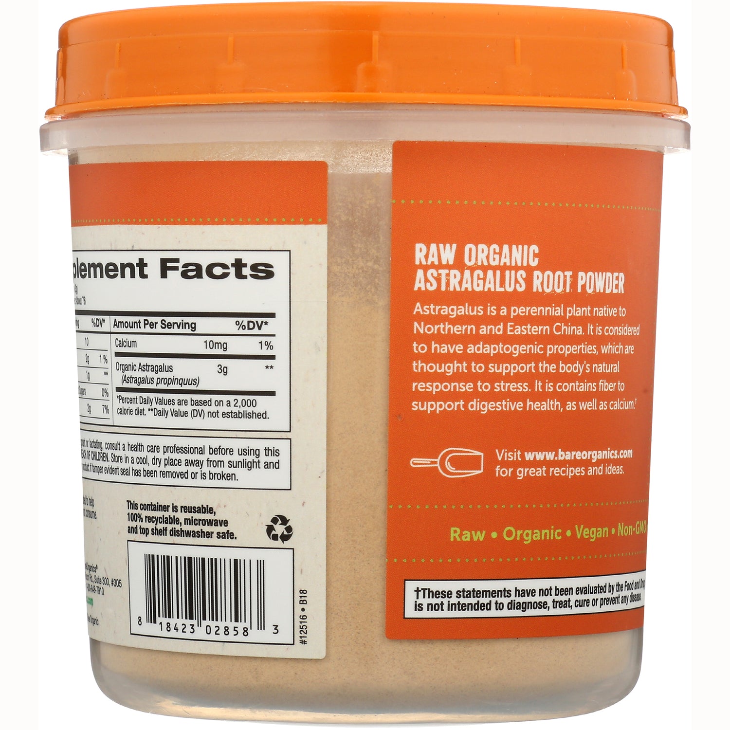 BOR041 | side label with RAW ORGANIC ASTRAGALUS ROOT POWDER text, supplement facts panel and barcode