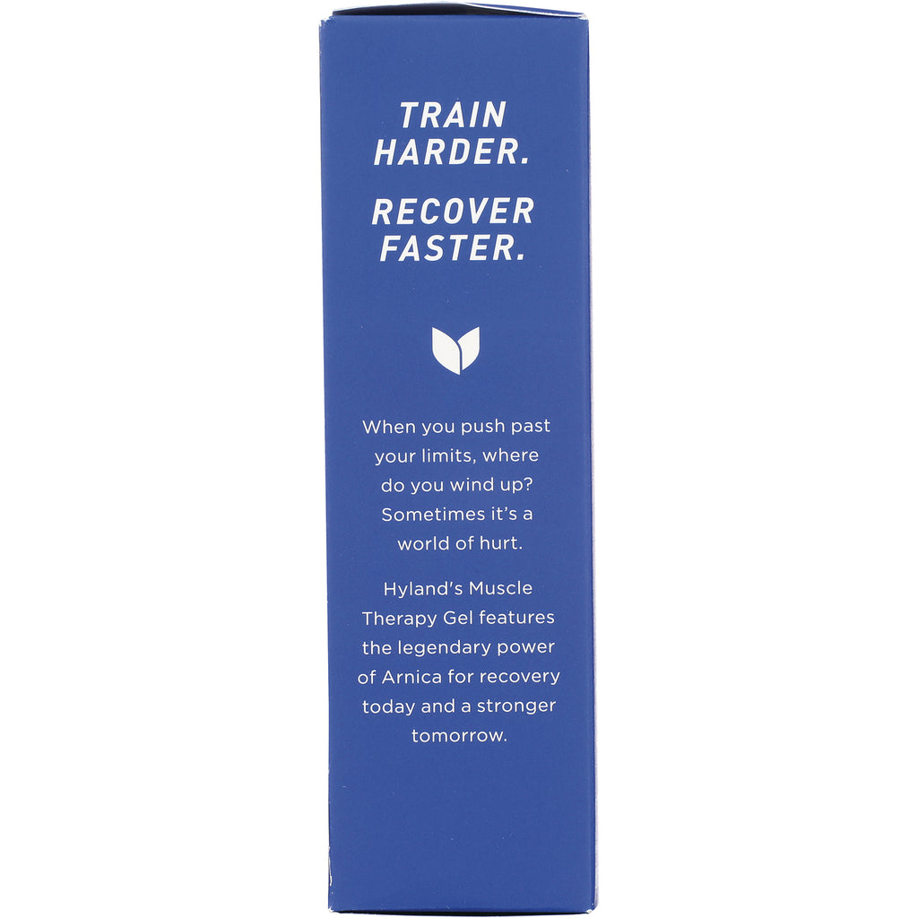 HY247 | blue side panel reading TRAIN HARDER. RECOVER FASTER. and product copy about Hyland's Muscle Therapy Gel for recovery - Thumbnail